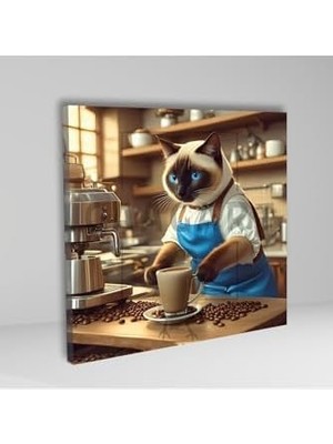 Peri Store Kare Kanvas Kahve Köşesi Cafe Tablosu Barista Siyam Kedisi, 70 x 70