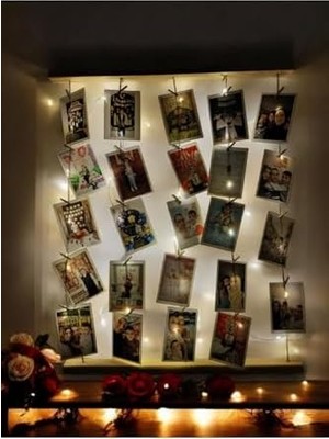 Peri Store Miracix Mandallı Ipli Işıklı Fotoğraf Askısı, Ledli Anı Duvarı, Ahşap Fotoğraf Çerçevesi Ahşap 50 x 60