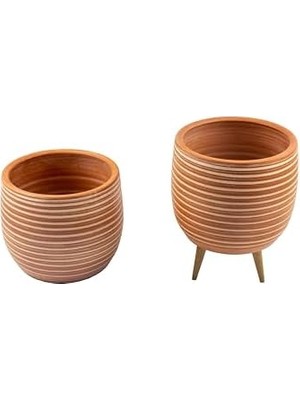 Assess Store Ev Dekorasyon Yan Çizgi Desenli Terrakota Toprak Saksı Saksılık Salon Çiçeklik Ikili Set Ayaksız - 3 Ayaklı- 15 cm