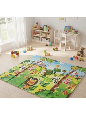 Peri Store Katlanabilir Çift Taraflı Eğitici Çocuk Oyun Matı, Halısı 180X150 (Taşıma Çantalı) - Aslan Kral