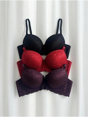 Gold Night Kadın Dantelli Desteklli Balenli Push Up Dolgulu Soft Sütyen Üçlü Paket
