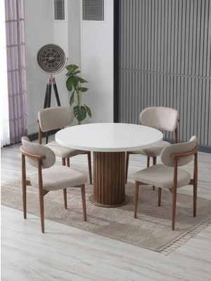 JoyMassa Lina Bohem 90X90 Beyaz/ahşap Yuvarlak Masa & 4 Polo Sandalye Seti