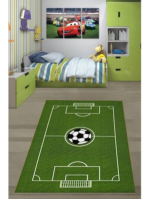 Peri Store Pelangi Futbol Sahası Futbol Topu Desen Dijital Baskı Yıkanabilir Kaymaz Taban Çocuk Odası Halısı, Yeşil 60 x 120
