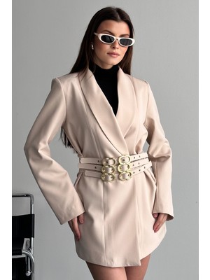 Moda Armanc Kadın 3 Kemerli Blazer Ceket Gold Tokalı Kruvaze Kesim