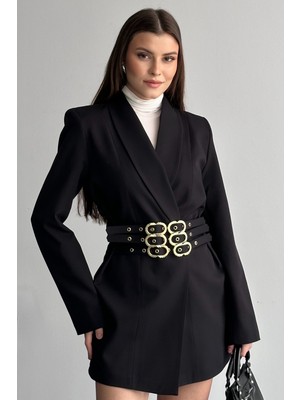 Moda Armanc Kadın 3 Kemerli Blazer Ceket Gold Tokalı Kruvaze Kesim