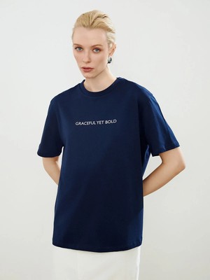 Lc Waikiki Yeni Sezon Bisiklet Yaka Baskılı Oversize Kadın Tişört