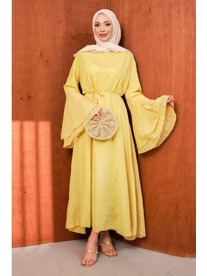 İmaj Butik Sarı Ispanyol Kol Bel Bağlamalı Tül Elbise