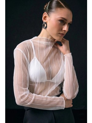 Sateen Çizgili Transparan Bluz - Ekru