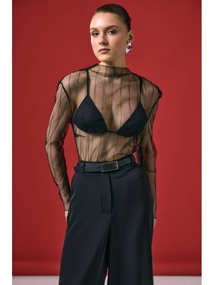 Sateen Çizgili Transparan Bluz - Siyah