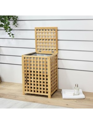 Assess Store Kare Bambu Çamaşır Sepeti (40X40X56 Cm) - Içi Bezli, Kapaklı Doğal Ahşap Kirli Sepeti