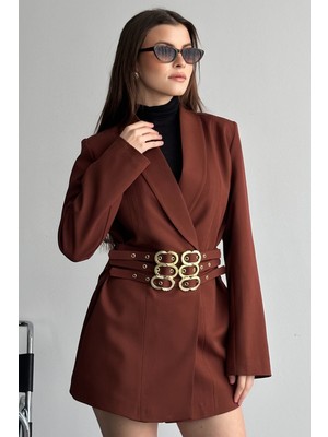 Moda Armanc Kadın 3 Kemerli Blazer Ceket Gold Tokalı Kruvaze Kesim