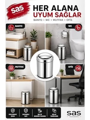 Assess Store 5 Litre Döner Kapaklı Paslanmaz Çelik Banyo & Wc Çöp Kovası Titan 7505, Krom