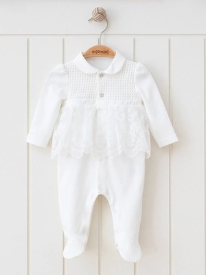Miomini Bebe Yaka Uzun Kollu Dantel Detaylı Kız Bebek Tulum