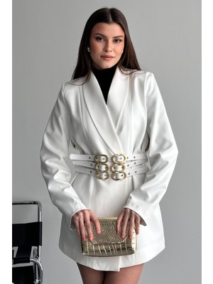Moda Armanc Kadın 3 Kemerli Blazer Ceket Gold Tokalı Kruvaze Kesim