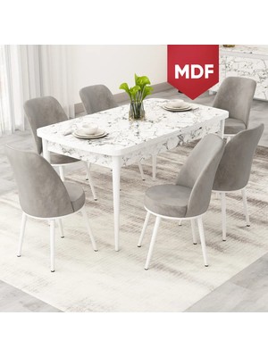 Canisa Rax Serisi Açılabilir 80X132 MDF Beyaz Mermer Desen Mutfak Masası Takımı ve 6 Sandalye