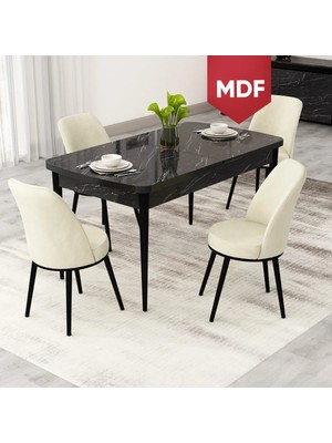 Canisa Rax Serisi Açılabilir 80X132 MDF Siyah Mermer Desen Mutfak Masası Takımı ve 4 Sandalye