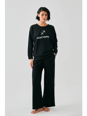 Kadın Siyah Yay Burcu Oversize 2 Iplik Eşofman Ev Giyim Takımı Mery