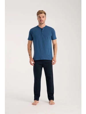 Erkek Indigo Düğmeli Yaka Kısa Kol Pijama Takımı Mery