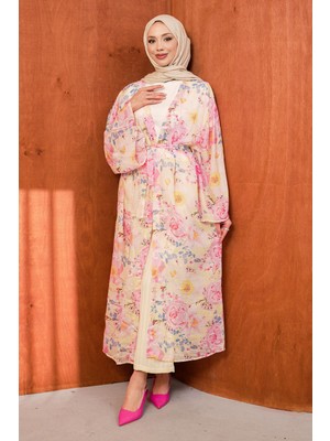 İmaj Butik Pembe Bel Bağlamalı Desenli Uzun Salaş Kimono