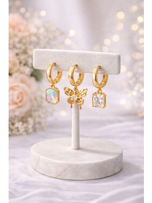 Sylvera Shop Kelebek & Taş Detaylı Charm Halka Küpe Seti (Gold Renk)