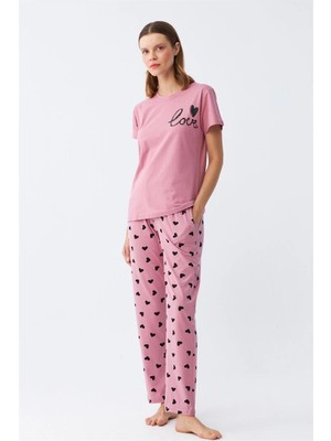 Kadın Somon Kalp Desenli Kısa Kollu Penye Pijama Takımı Mery