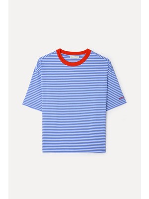 Mudo Kadın Mavi Çizgili Loose Fit Bisiklet Yaka T-Shirt
