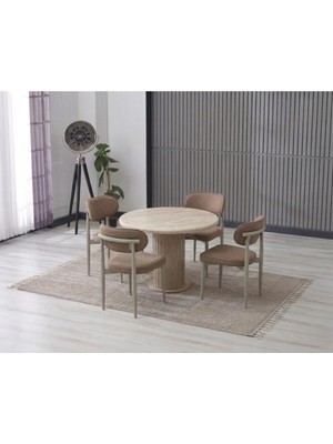 JoyMassa Lina Bohem 90X90 Traverten Yuvarlak Masa & 4 Polo Sandalye Seti