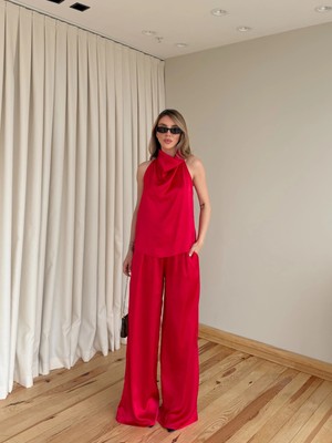 Laluvia Kırmızı Saten Bluz Pantolon Takım - 30433