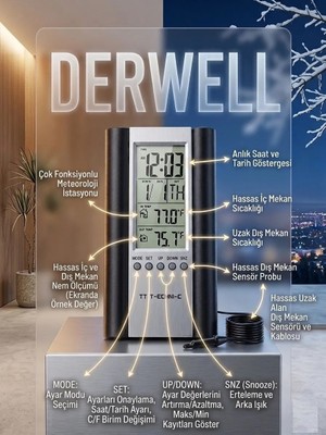 Derwell Yeni 2026 Sıcaklık/hava Durumu/alarm/dış Sensörlü Dijital Termometre Nem Ölçer Saat Alarm Iç Dış Termometre