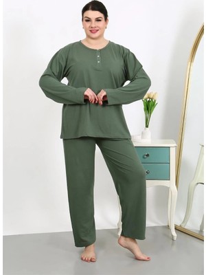 Kadın Büyük Beden Uzun Kol Penye Pijama Takımı Haki Mery