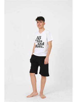 Erkek Genç Garson Boy Kısa Kol Beyaz Penye Şortlu Pijama Takımı Mery