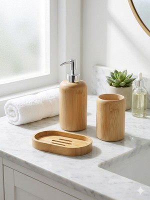 Olivya Lüx Bambu 3 Parça Banyo Seti - Sıvı Sabunluk, Diş Fırçalık ve Sabunluk Doğal Banyo Organizeri