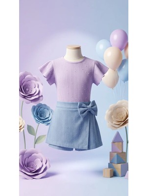 TA&CE Kids Ta&ce Kıds Kız Çocuk Fitilli Bluz ve Fiyonk Detaylı Şort Etek Bayramlık Takım- 4-9 Yaş