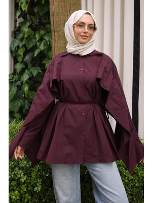 İmaj Butik Mürdüm Kolları Pelerinli Bel Bağlamalı Gömlek