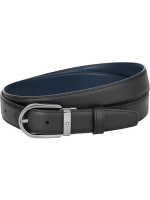 Montblanc Horseshoe Buckle Siyah-Mavi 30 mm Çift Taraflı Deri Kemer 128763