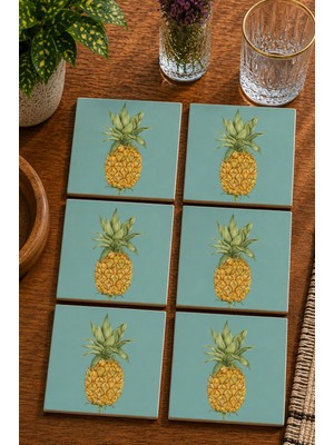 JHAAR Ananas Tasarımı Mutfak 6’lı Set Bardak Altlığı - Uv Baskı Mdf - 10X10 cm