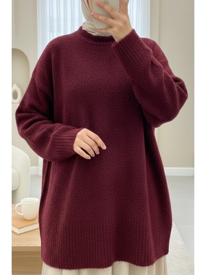 Moda Morfo Yuvarlak Yaka Salaş Yumoş Triko  Kazak  -Bordo