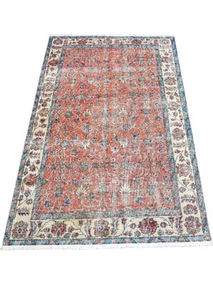 Zehra Abla Halı Vintage El Dokuma Turuncu Nadir Ince Çiçekli Yün Halı 7355