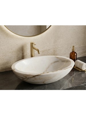 Kaelite Tezgah Üstü Doğal Mermer Evye - 40 cm Oval Tasarım Banyo Lavabosu
