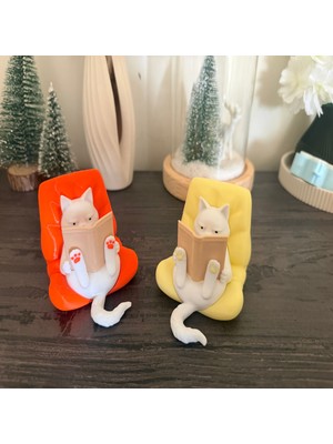 Kitap Okuyan Kedi Figürü-Sevimli Dekor-Kitaplık Süsü