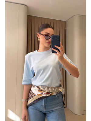 Magarde Omuz Vatkalı Premium T-Shirt- Mavi