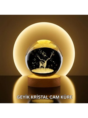 Nemere Ithalat Doğal Ahşap Standlı Geyik Figürlü Kristal Küre LED Dekoratif Lamba