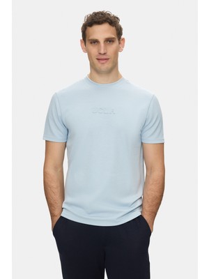 Ucla Canary Gök Mavi Bisiklet Yaka Gofre Baskılı Yumuşak Dokulu Modal Kumaş Standard Fit Erkek Tshirt