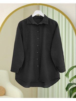 Moda Morfo Arkası Uzun Düğmeli Poplin Gömlek -Siyah