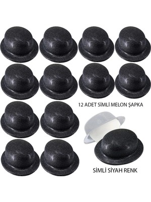 AyrStore Buğz Siyah Renk Simli Melon Yuvarlak Parti Şapkası 12 Adet