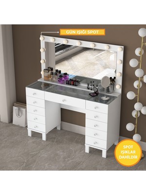 Rani BJ199 Hollywood Işıklı Aynalı Kulis Makyaj Masası Cam Tablalı 11 Çekmeceli Takı Düzenleyici Günışığı