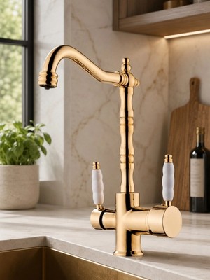 FUALORA 3 Yollu Arıtmalı Rustik Gold Mutfak Evye Bataryası