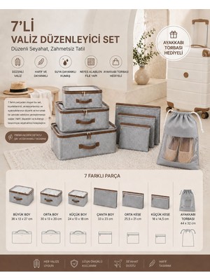 Pixue 7 Parçalı Deri Detaylı Premium Valiz Organizer Seti Fileli Fermuarlı Pvc Pencereli Ayakkabı Torbalı 6 Farklı Boy