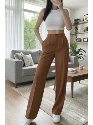 Emporya Trend Kadın Kahverengi Kumaş Pantolon | Yeni Sezon | Geniş Paça Düğme Kapamalı Palazzo Kesim