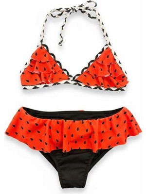 Miniğimin Cicileri Karpuz Desenli Fırfırlı Kız Çocuk Bikini Takımı - Kırmızı